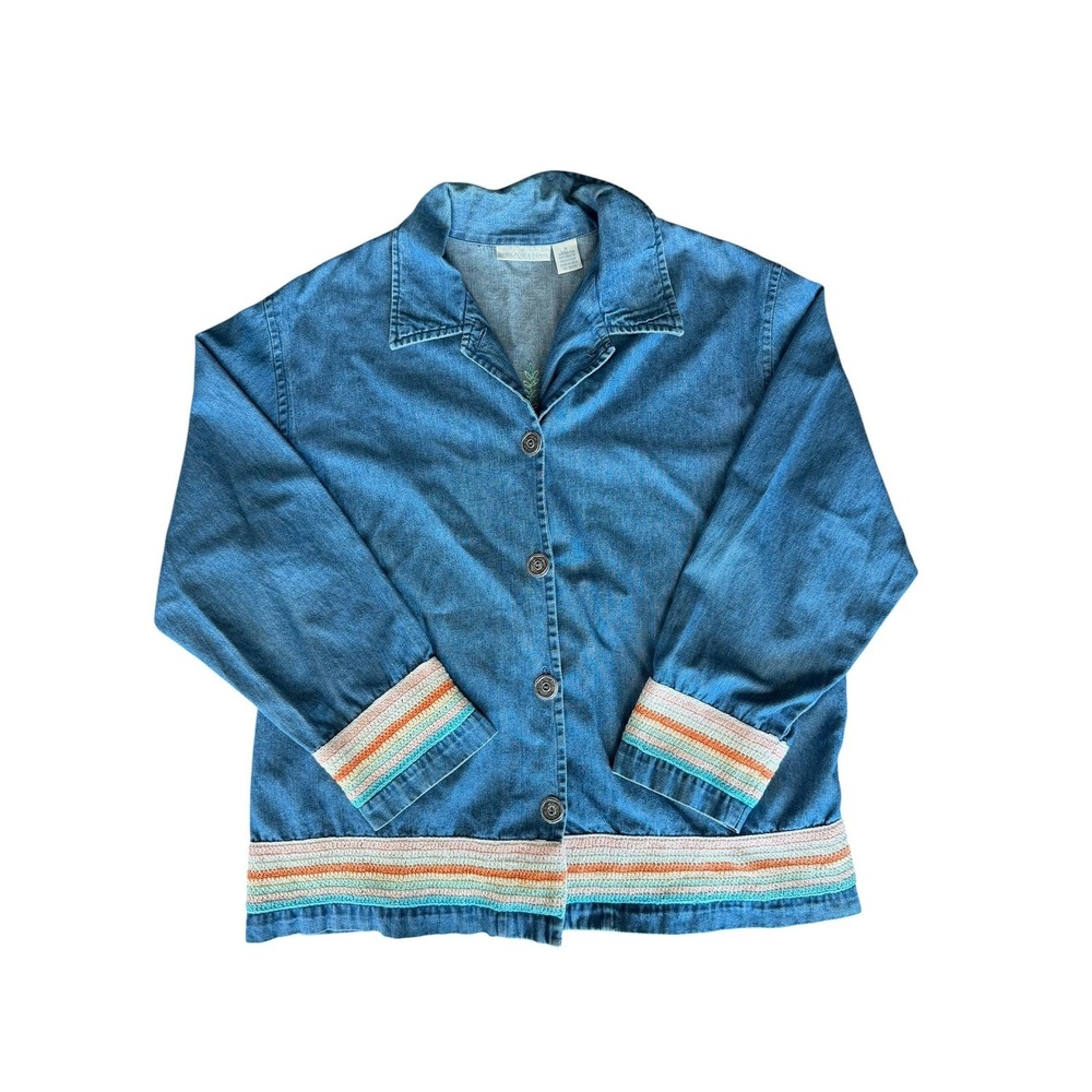 Women's‎ Embroidered Denim Jacket Floral Crochet Trim Cottagecore Boho Size M